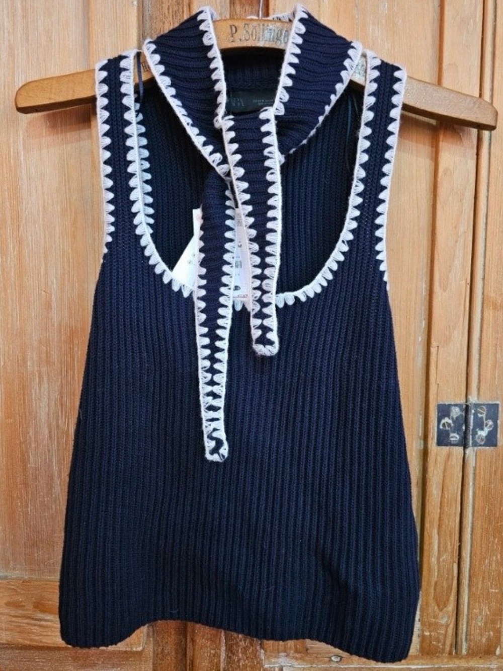 Zara Navy Sleeveless Ribbed Top with White Trim and Tie